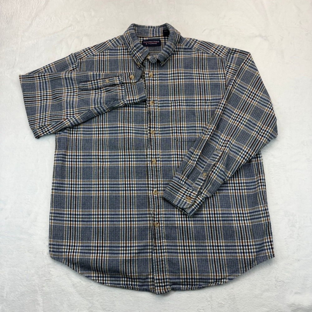 Roundtree & Yorke Mens Large Blue Brown Plaid Button Down Shirt 100% Cotton